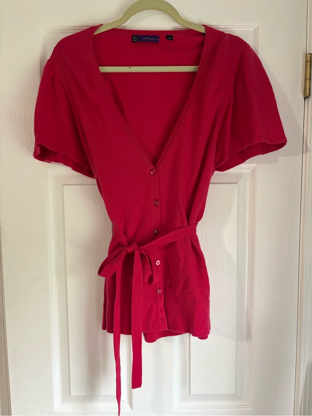 Saks Fifth Avenue Cashmere Pink Short Sleeve Button Front Tie-Waist